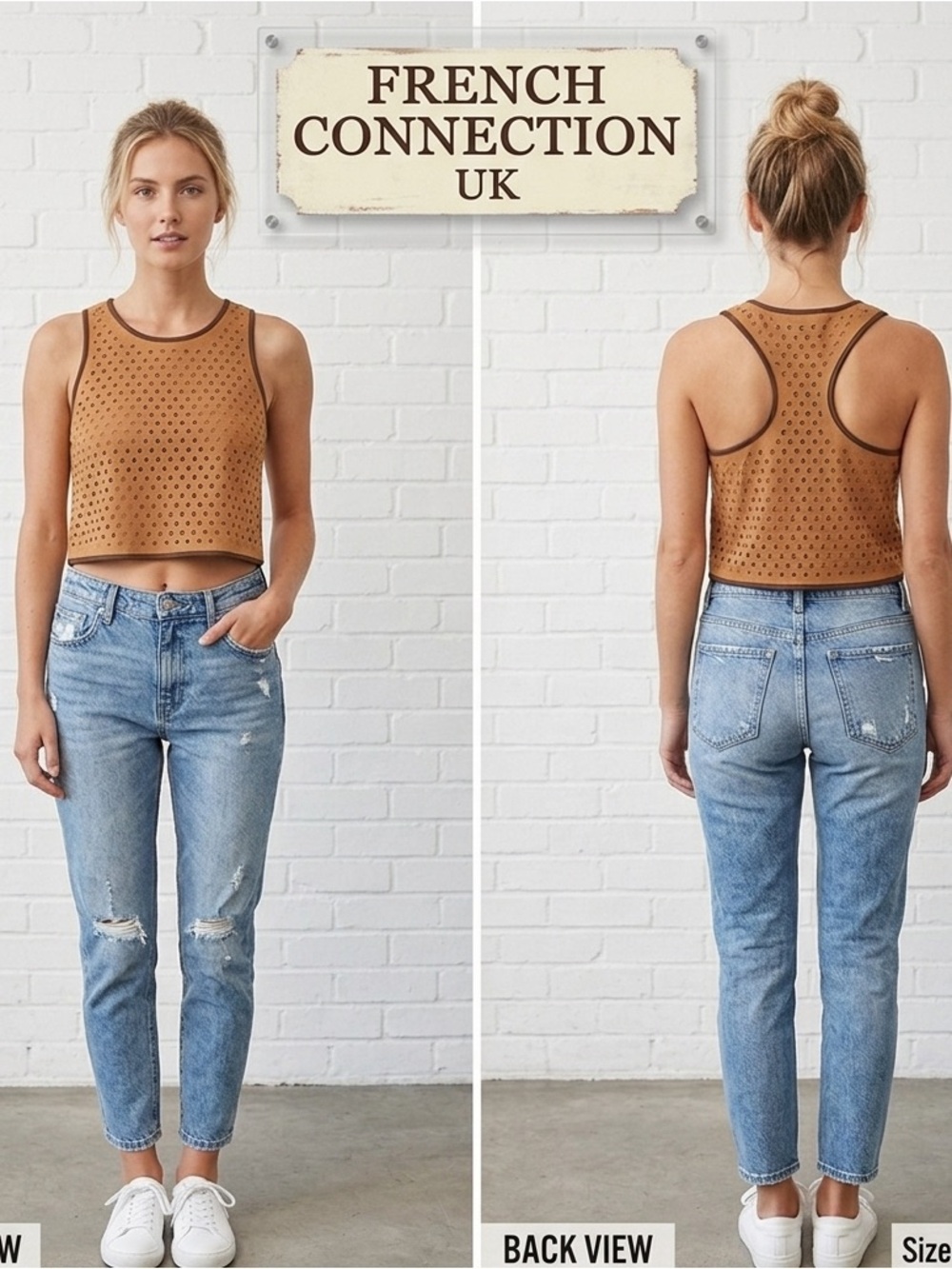 UK French Connection Laser Cut Crop Faux Suede Racerback Top XS